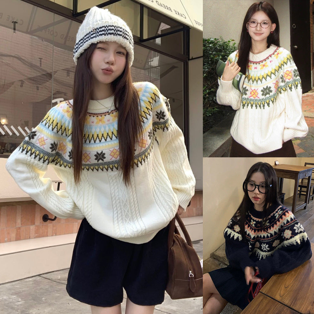 Damen Modischer Grobstrickpullover mit Norweger-Muster Echoarchiv
