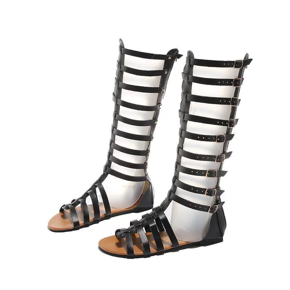 Damen Kniehohe Römersandalen mit mehreren Schnallen und flacher Komfortsohle – Sorelia
