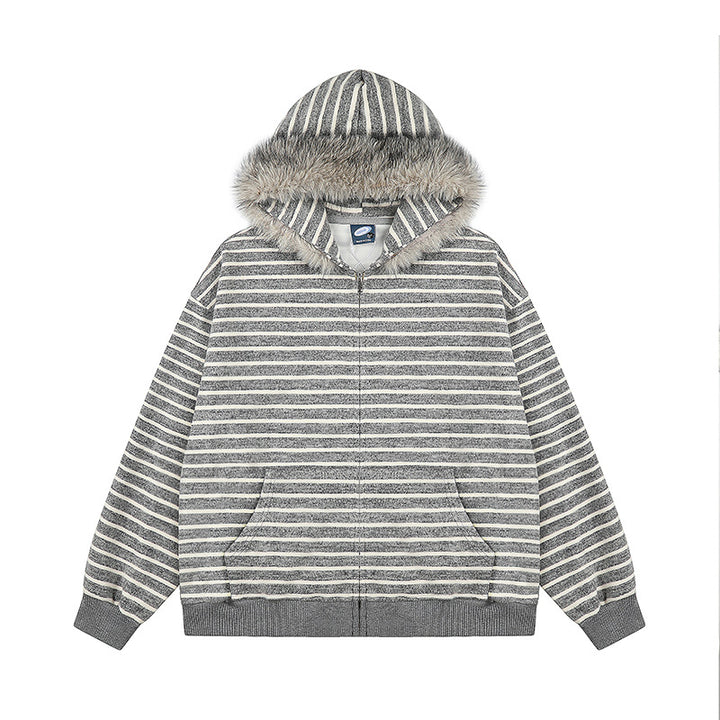 Damen Oversize Kapuzen‑Sweatjacke mit gestreiftem Jacquard, durchgehendem Reißverschluss und Kunstfell‑Kapuze Echoarchiv