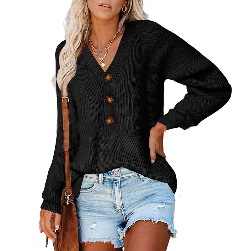 Damen Gerippter Strickpullover mit V‑Ausschnitt, Zierknopfleiste und Ballonärmeln Echoarchiv