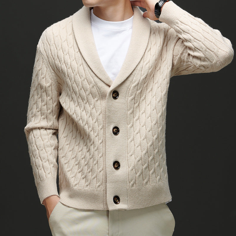 Herren Strickjacke mit modernem Kabelmuster und elegantem Kragen Echoarchiv