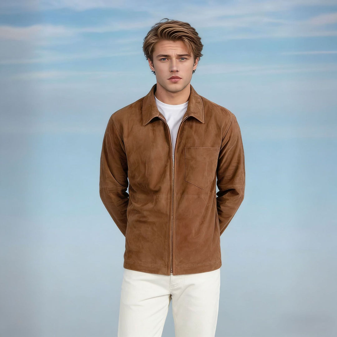 Herren Velourslederjacke mit Reißverschluss und Hemdkragen Echoarchiv