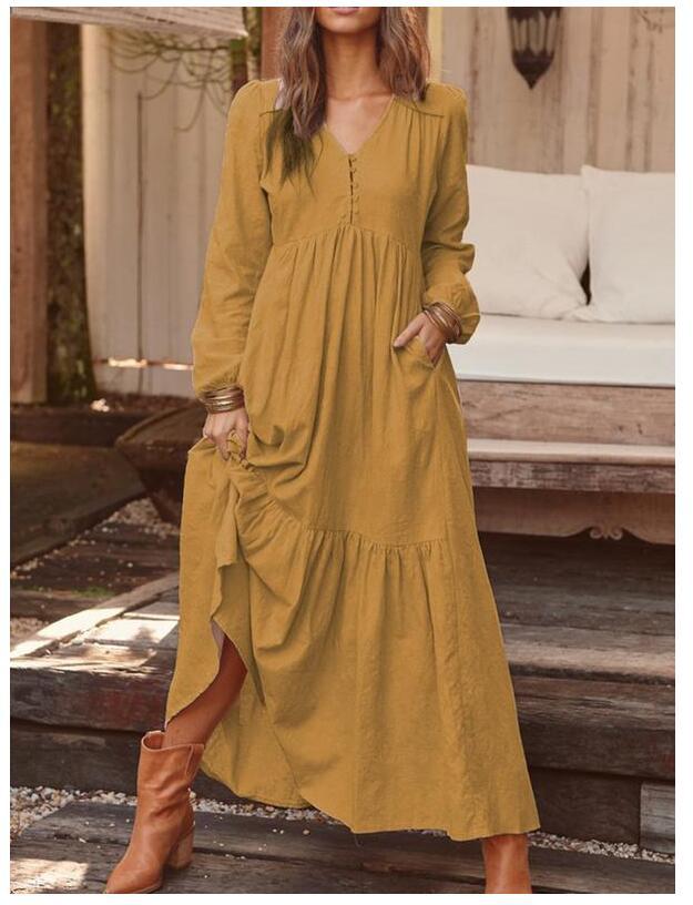 Damen nan luftiges Maxikleid mit V-Ausschnitt, Langarm und Eingrifftaschen Echo Archiv