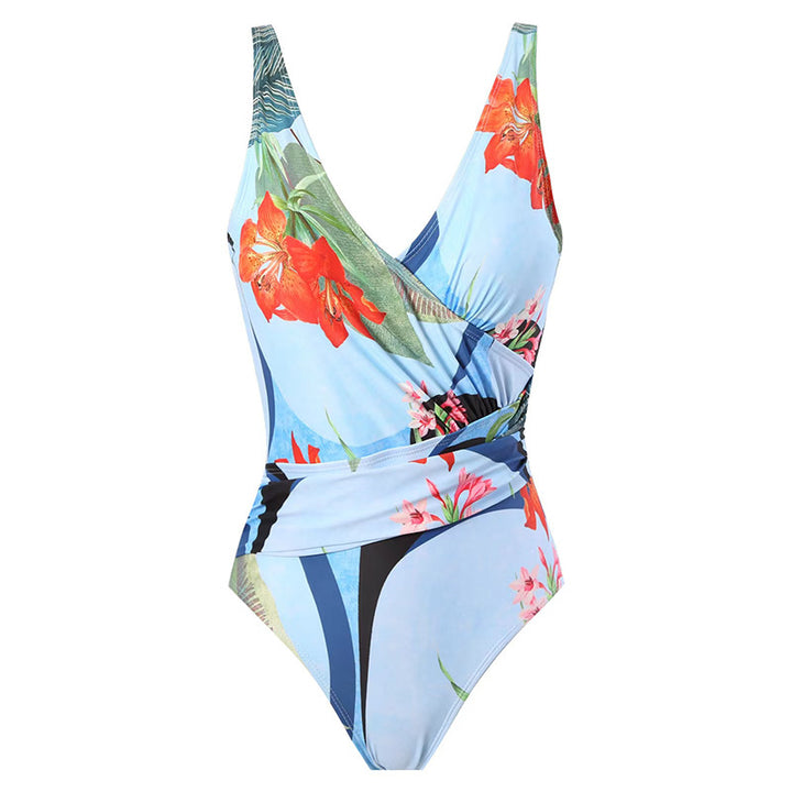 Damen Einteiler Badeanzug mit raffiniertem Wickeldesign und floralem Print Echo Archiv