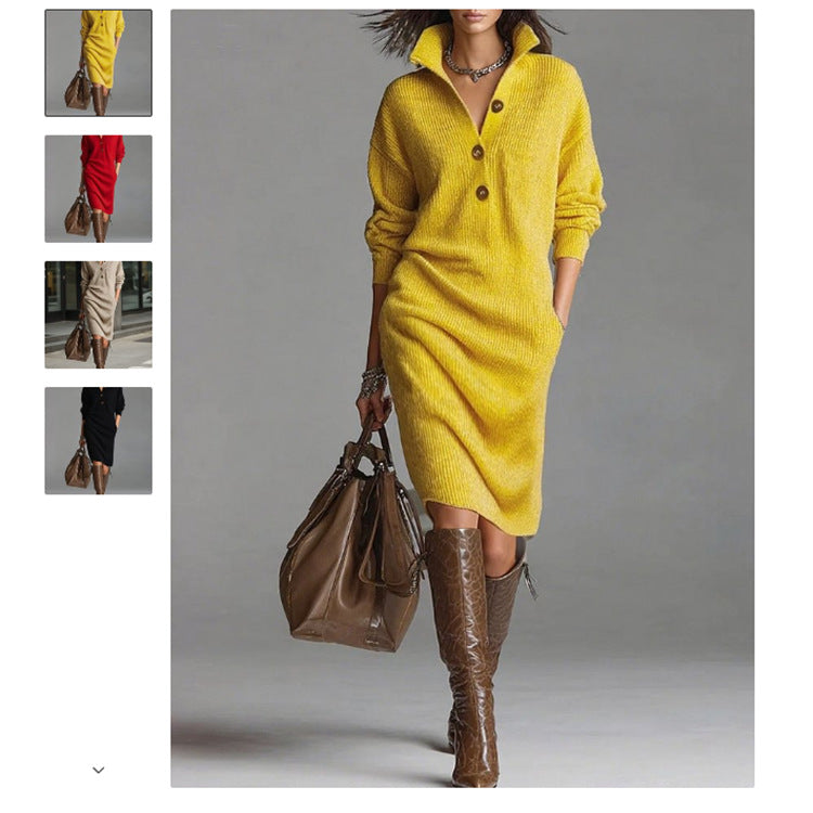 Damen nan gestricktes Pulloverkleid mit Polokragen, Eingrifftaschen und lässiger Passform Echo Archiv