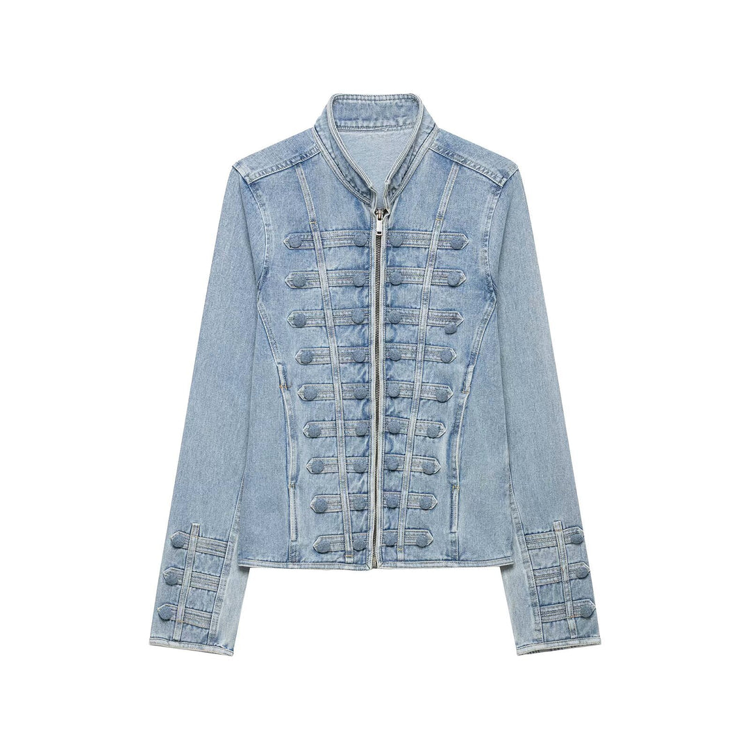 Damen Taillierte Denimjacke mit militärischen Galon‑Details und Stehkragen Echo Archiv