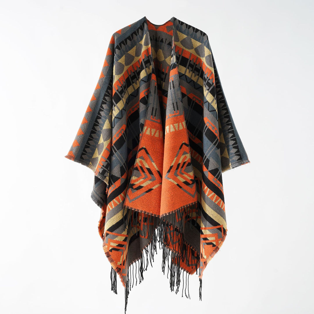 Damen Geometrisch gemusterter Wollmix‑Poncho mit Zipfel und Fransen Echo Archiv