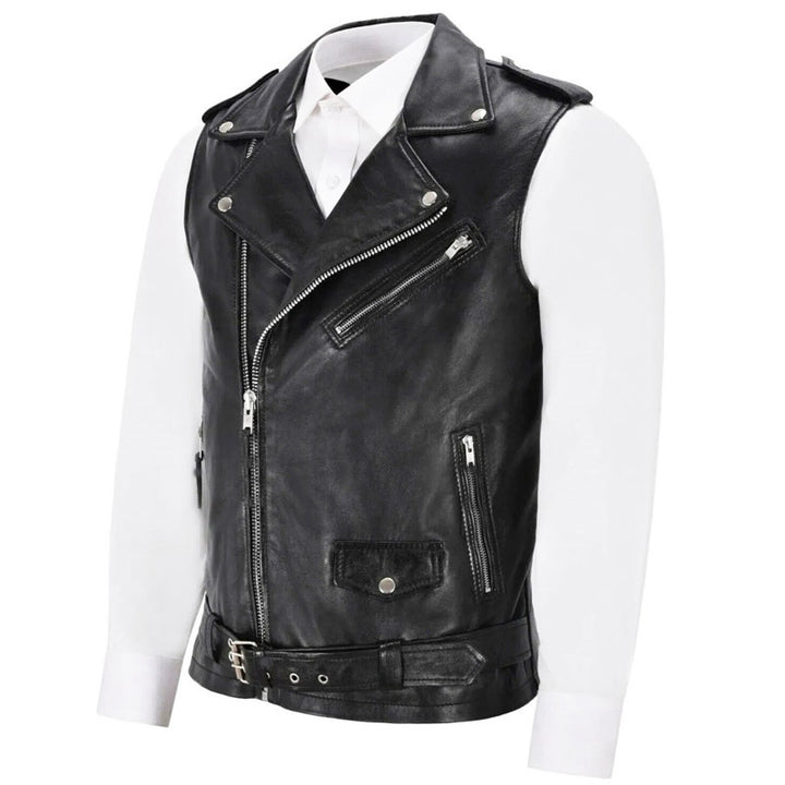 Herren Biker-Lederweste mit asymmetrischem Reißverschluss und praktischen Taschen Echoarchiv