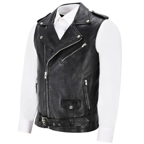 Herren Biker-Lederweste mit asymmetrischem Reißverschluss und praktischen Taschen Echoarchiv