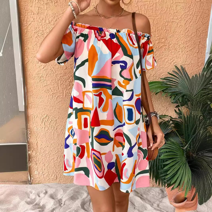 Damen nan schulterfreies A-Linien-Minikleid mit elastischem Smokkragen und Volantärmeln Echo Archiv