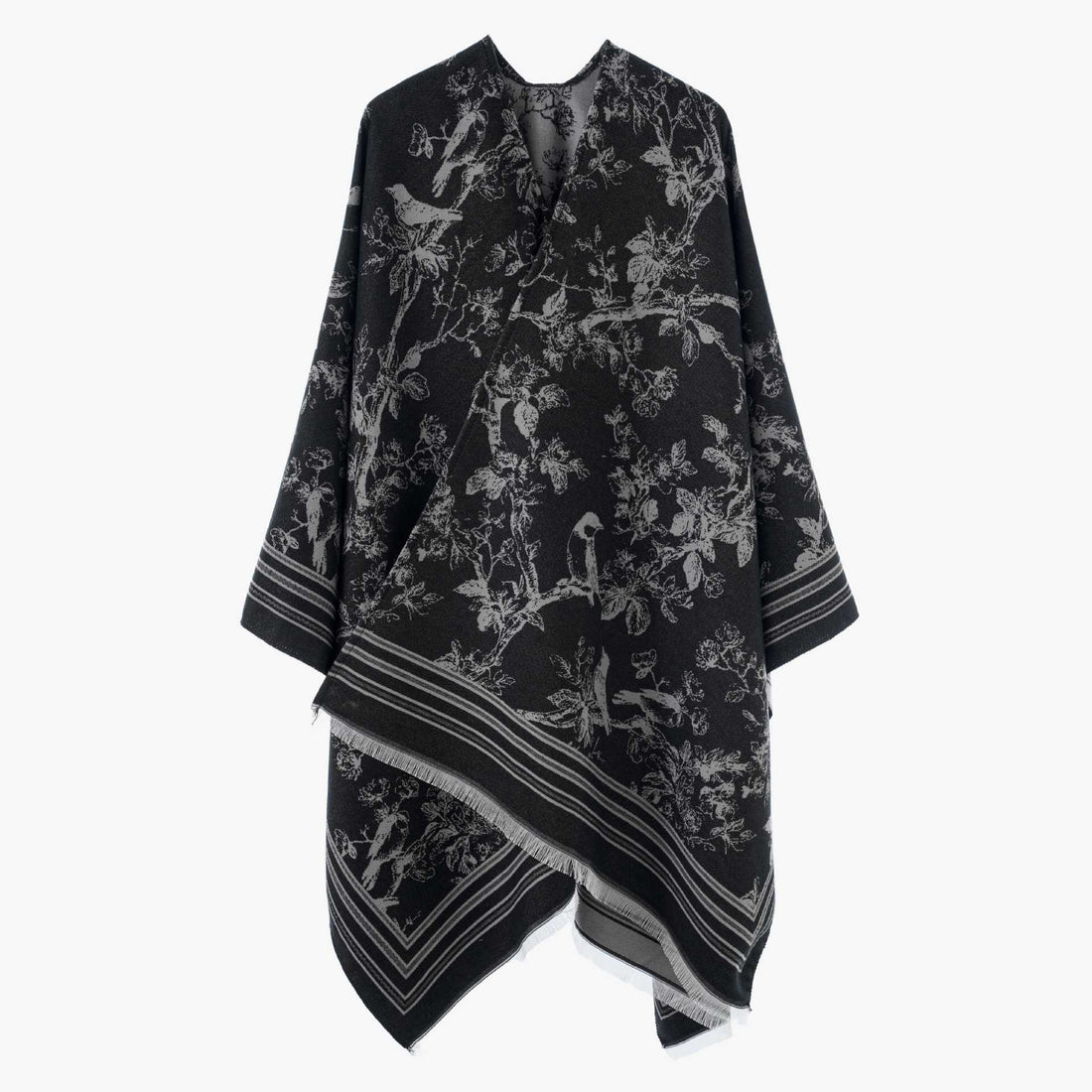 Damen Offener Jacquard‑Kaftanponcho mit Vogel‑ und Blumenmotiv – Célinea
