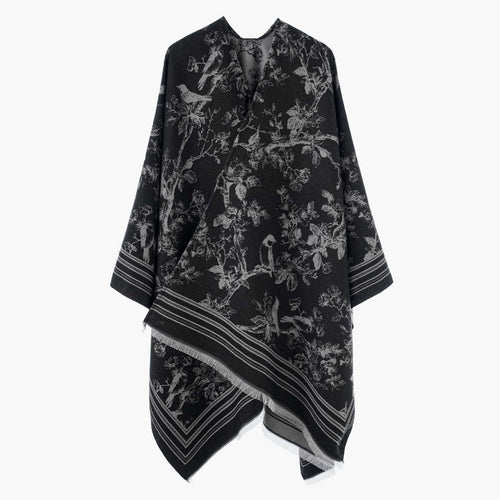 Damen Jacquard‑Poncho im Kimono‑Stil mit Vogel‑Blütenmuster – Avérine