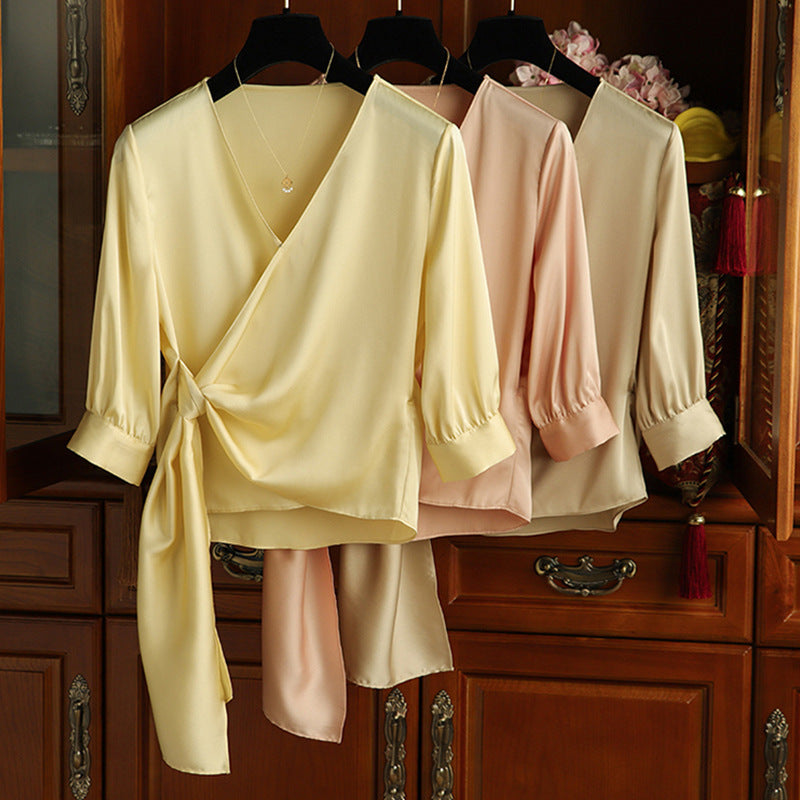 Damen Elegante Wickelbluse mit Taillenbund Echoarchiv