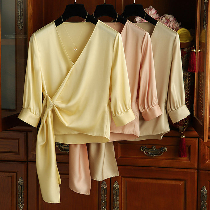 Damen Elegante Wickelbluse mit Taillenbund Echoarchiv