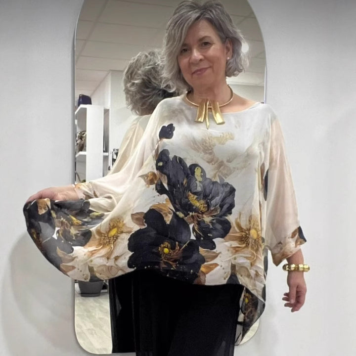 Damen nan elegante Chiffon-Tunika mit Fledermausärmeln und asymmetrischem Saum Echo Archiv