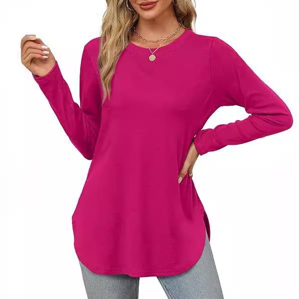 Damen Lässiges Longsleeve-Tunikaoberteil mit Rundhalsausschnitt, Seitenschlitzen und Aquarell-Blattprint Echo Archiv