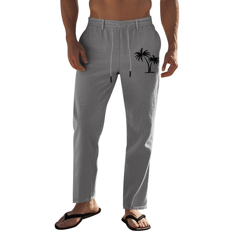 Herren Freizeithose aus leichtem Leinen mit verstellbarem Kordelzug und seitlichem Palmenmotiv Echoarchiv