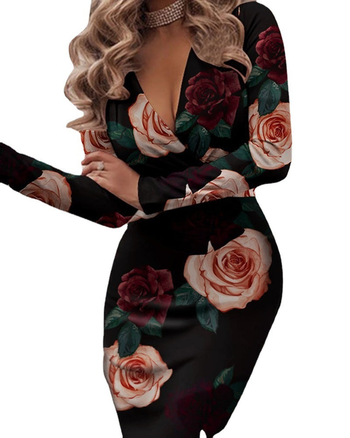 Damen Figurbetontes Wickel‑Midikleid mit tiefem V‑Ausschnitt und Rosenprint – Élara