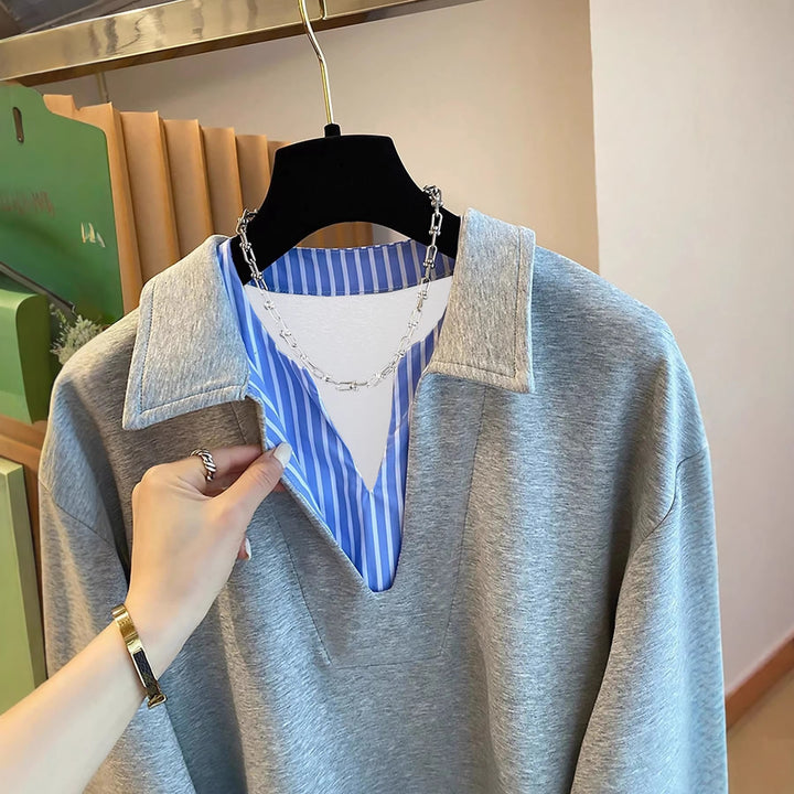 Damen Oversized Sweatshirt mit Hemdkragen-Optik und gestreiften Manschetten – Avérine