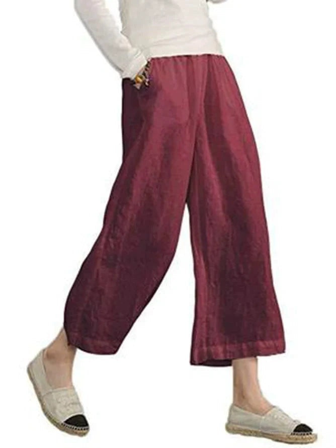 Damen weite Leinenhose mit seitlichen Taschen und elastischem Bund Echoarchiv