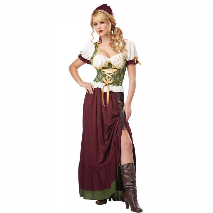 Damen nan geschnürtes Mittelalterkleid mit Corsagenmieder, Puffärmeln und hohem Rockschlitz Echo Archiv