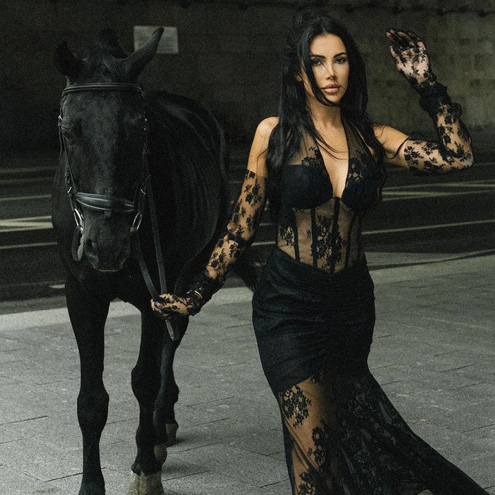 Damen elegantes Spitzenkleid mit langem Ärmel und raffinierten Falten Echo Archiv
