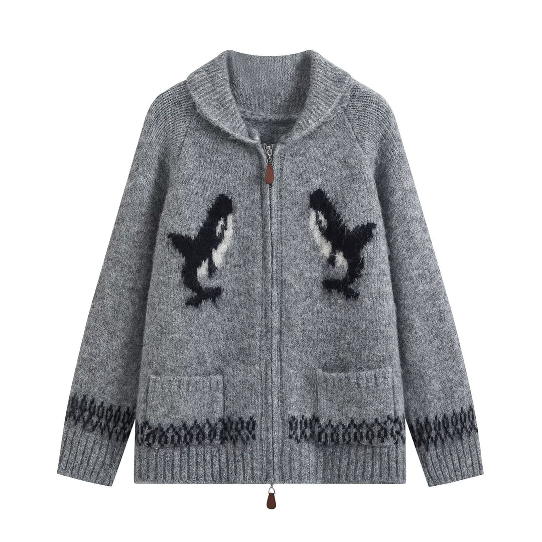 Damen Grobgestrickte Zip-Cardigan mit Schalkragen und Intarsienmotiv Echoarchiv