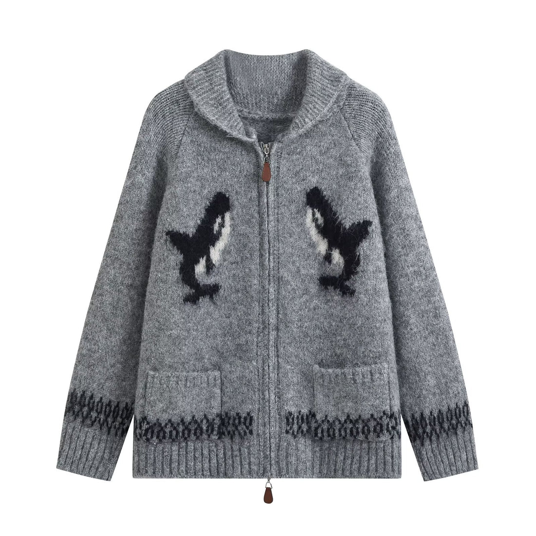 Damen Grobgestrickte Zip-Cardigan mit Schalkragen und Intarsienmotiv Echoarchiv