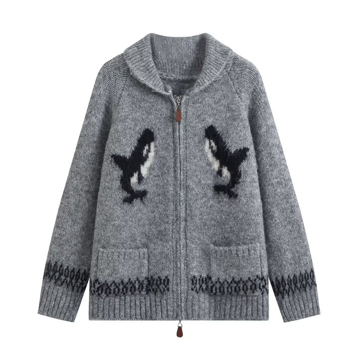 Damen Grobgestrickte Zip-Cardigan mit Schalkragen und Intarsienmotiv Echoarchiv