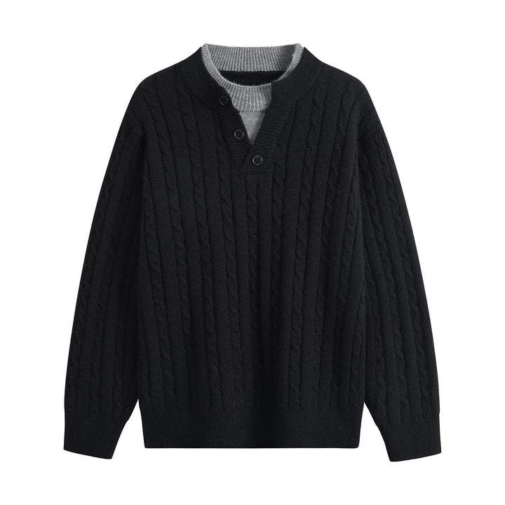 Damen Oversize Zopfstrick-Pullover mit Henley‑Kragen und Kontrastinnenkragen Echoarchiv