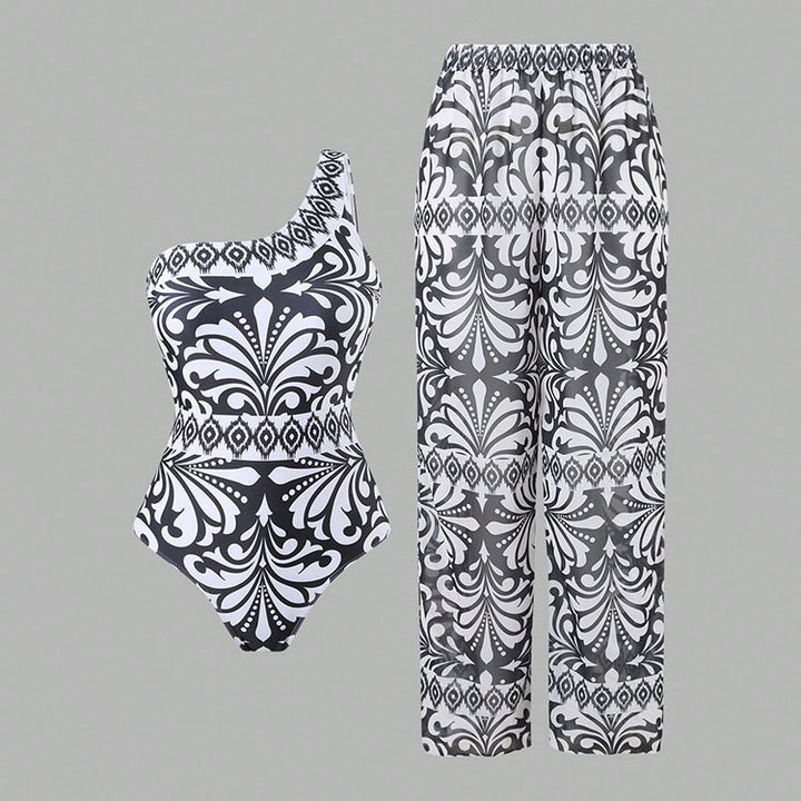 Damen einteiliger Badeanzug mit farbenfrohem Druck und passender Palazzo-Hose Echo Archiv