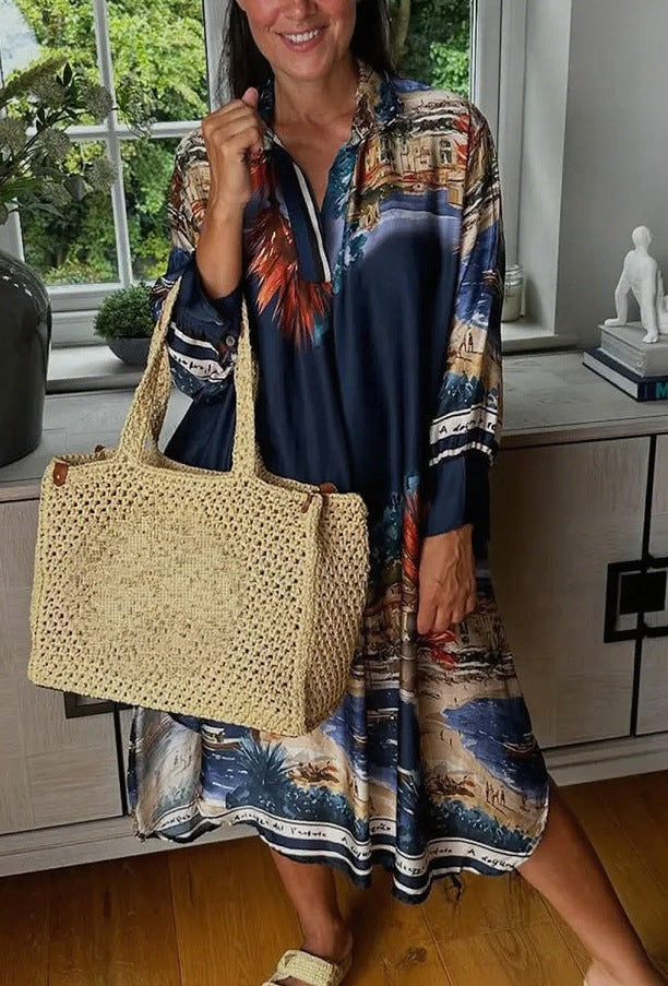 Damen nan Seidenoptik-Hemdkleid im Kaftanstil mit illustrativem Küstenprint Echo Archiv
