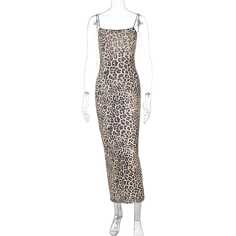 Damen Leoprint Maxikleid mit verstellbaren Spaghetti-Trägern Echo Archiv