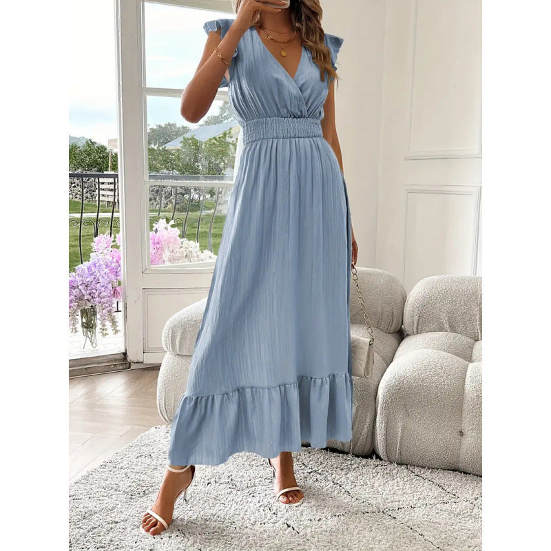 Damen Maxikleid mit voluminösen Rüschenärmel und elegantem Bund – Valéora