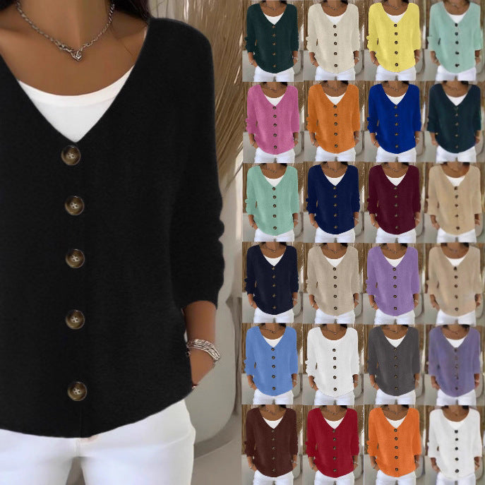 Damen Lockerer V-Ausschnitt Feinstrick-Cardigan mit Holzknopfleiste – Veloura