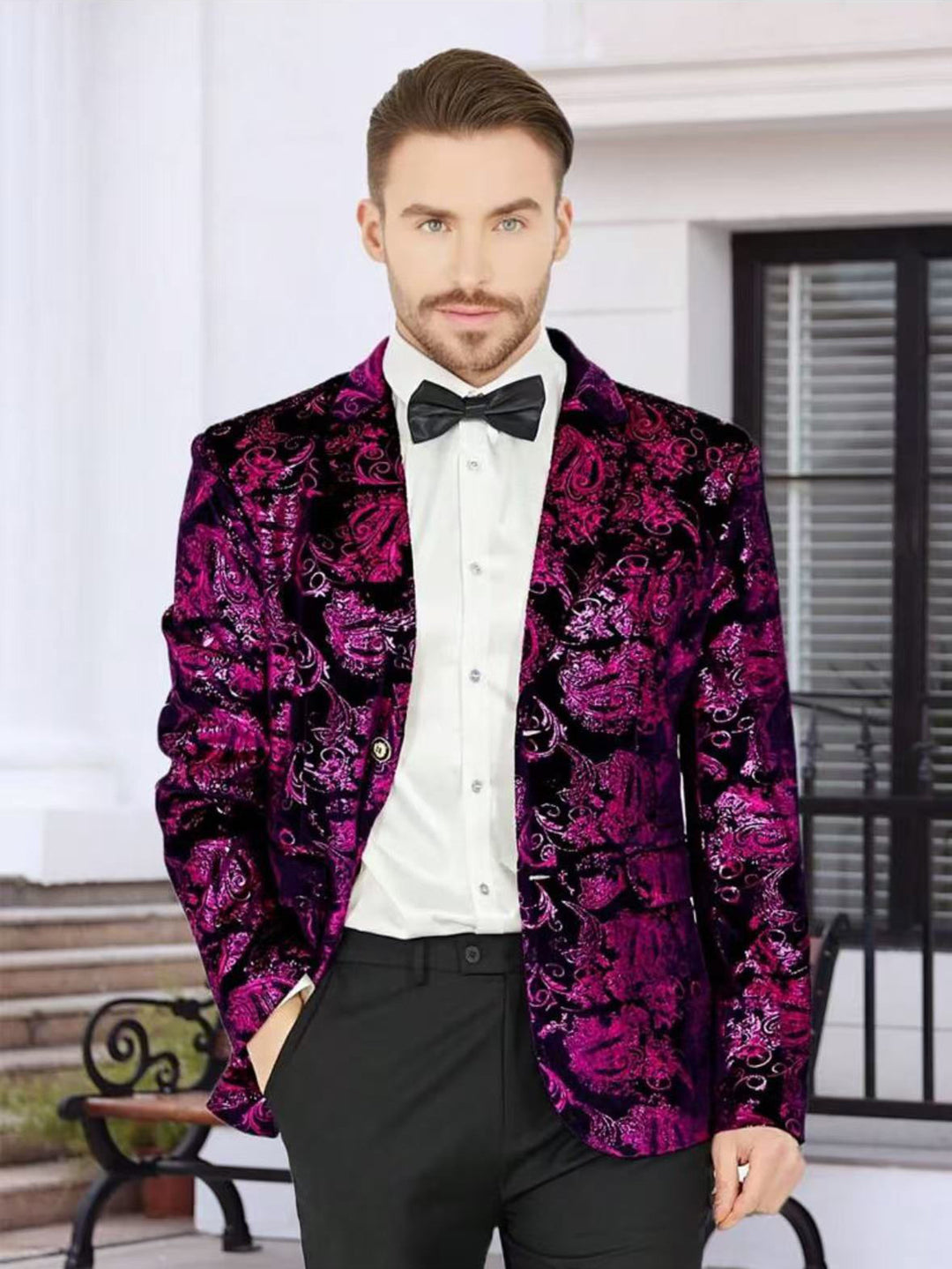 Herren Glamouröser Paillettenblazer mit floralem Muster und satiniertem Finish Echoarchiv