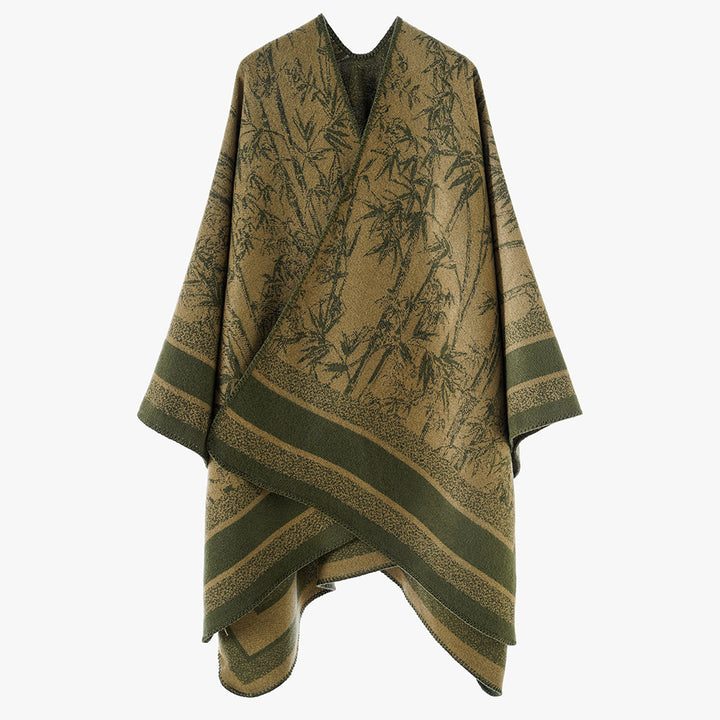 Damen Jacquard‑Poncho im Cape‑Stil mit Bambusmotiv und offener Vorderseite – Avérine