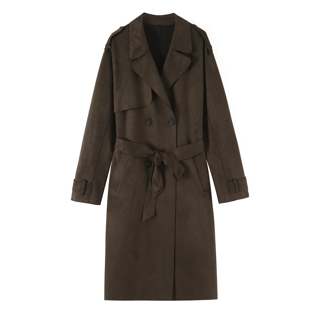 Damen Lang geschnittener Trenchcoat aus Velourslederoptik mit Bindegürtel Echoarchiv