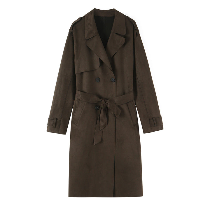 Damen Lang geschnittener Trenchcoat aus Velourslederoptik mit Bindegürtel Echoarchiv