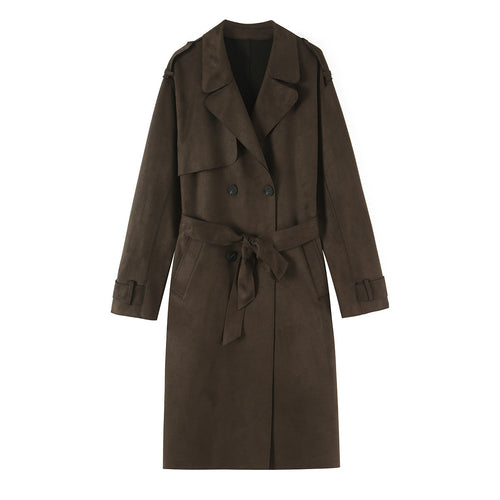 Damen Lang geschnittener Trenchcoat aus Velourslederoptik mit Bindegürtel Echoarchiv