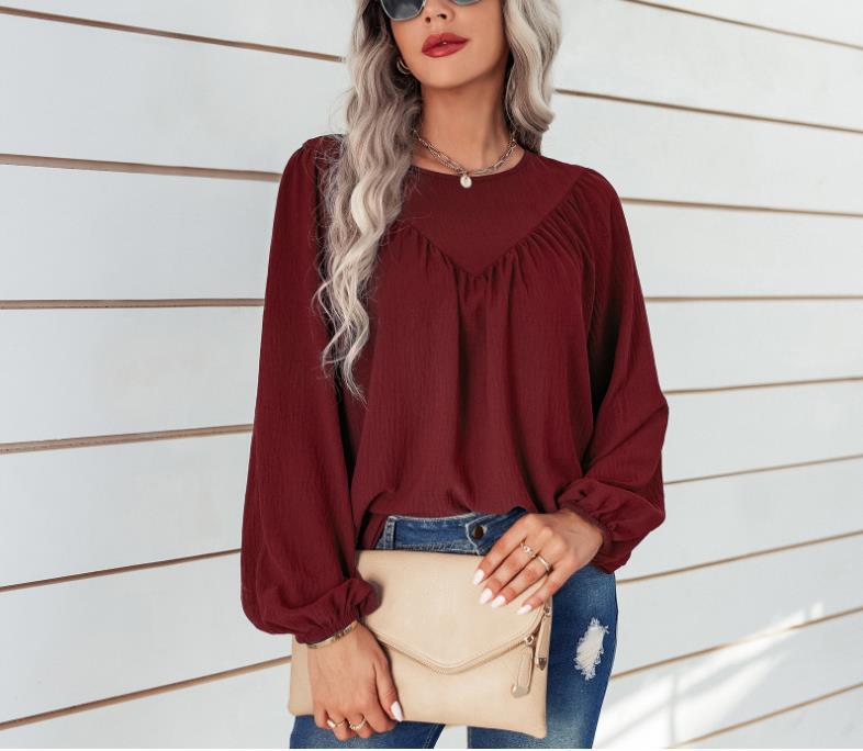 Damen Lässiges Viskose-Blusenshirt mit Rundhals und Ballonärmeln – Avérine