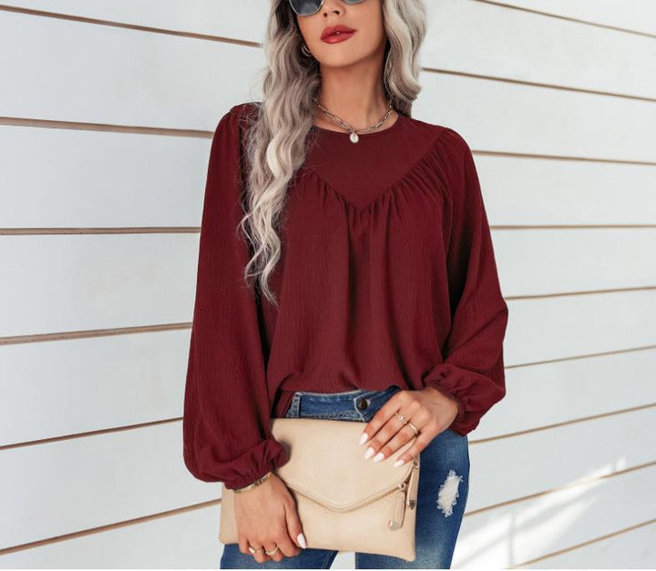 Damen Lässiges Viskose-Blusenshirt mit Rundhals und Ballonärmeln – Avérine