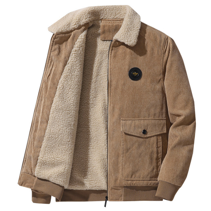 Herren Cord-Truckerjacke mit Sherpa-Kragen, Reißverschluss und aufgesetzten Pattentaschen – Taviero