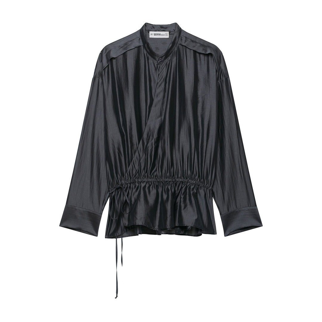 Damen Satinbluse mit Stehkragen, Wickeloptik und Kordelzug Echoarchiv