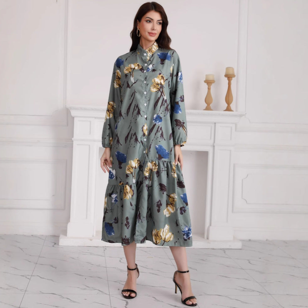 Damen Hemdblusenkleid mit Aquarell-Blumenprint, Stehkragen & Stufenrock – Lunéa
