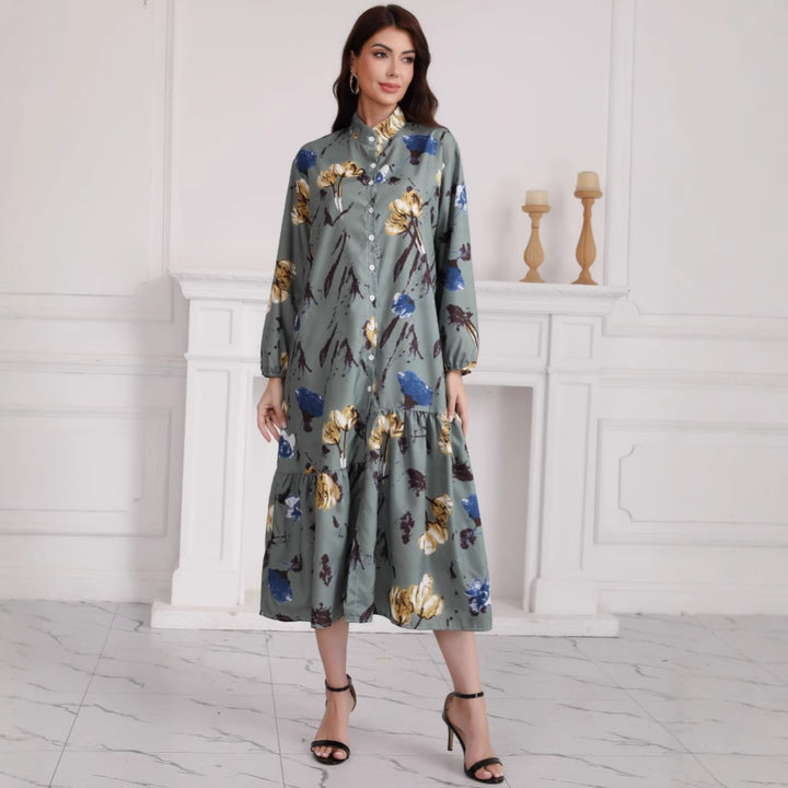 Damen Hemdblusenkleid mit Aquarell-Blumenprint, Stehkragen & Stufenrock – Lunéa