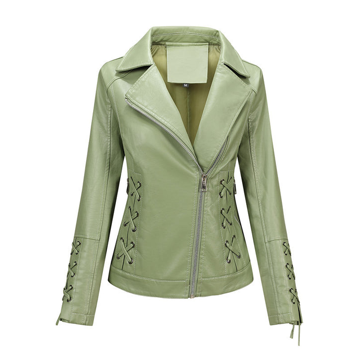 Damen Taillierte Bikerjacke aus Kunstleder mit seitlicher Schnürung und asymmetrischem Reißverschluss Echoarchiv