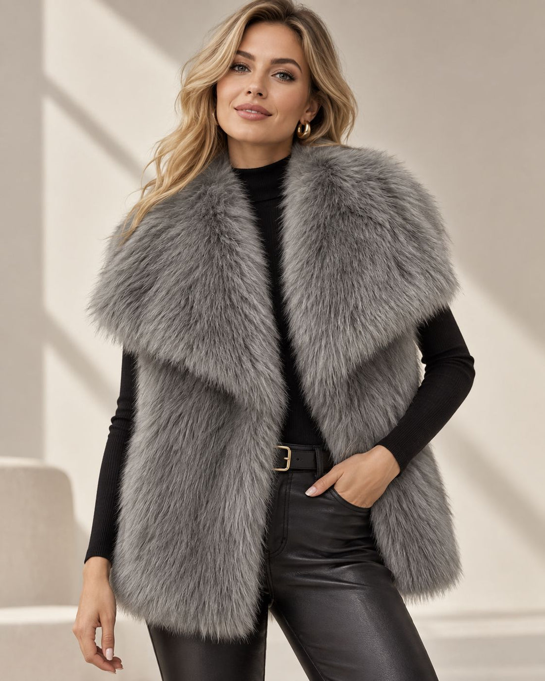 Damen Ärmellose Hochflor‑Kunstfellweste mit voluminösem Schalkragen und Eingrifftaschen Echo Archiv