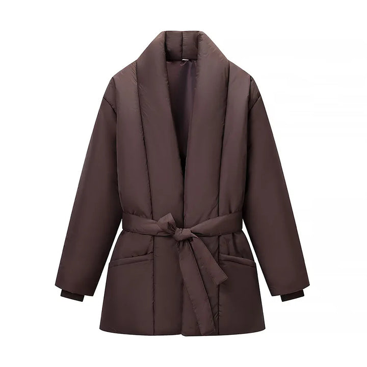 Damen wattierte Jacke mit Schalkragen, Bindegürtel und aufgesetzten Taschen – Célinea