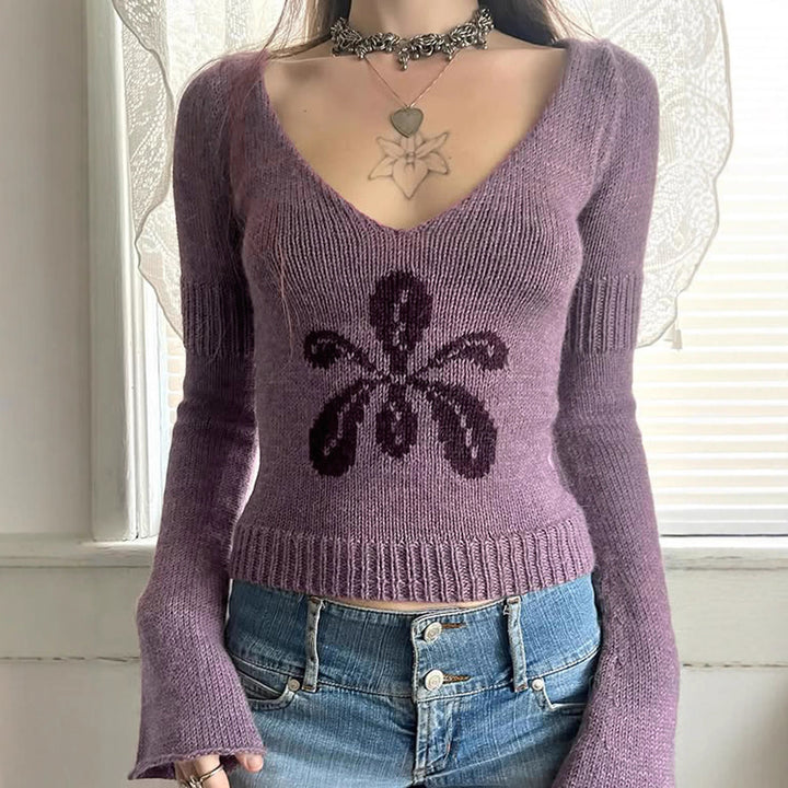 Damen nan kurzes Feinstrick V‑Pullover mit floralem Intarsienmotiv und ausgestellten Trompetenärmeln Echo Archiv